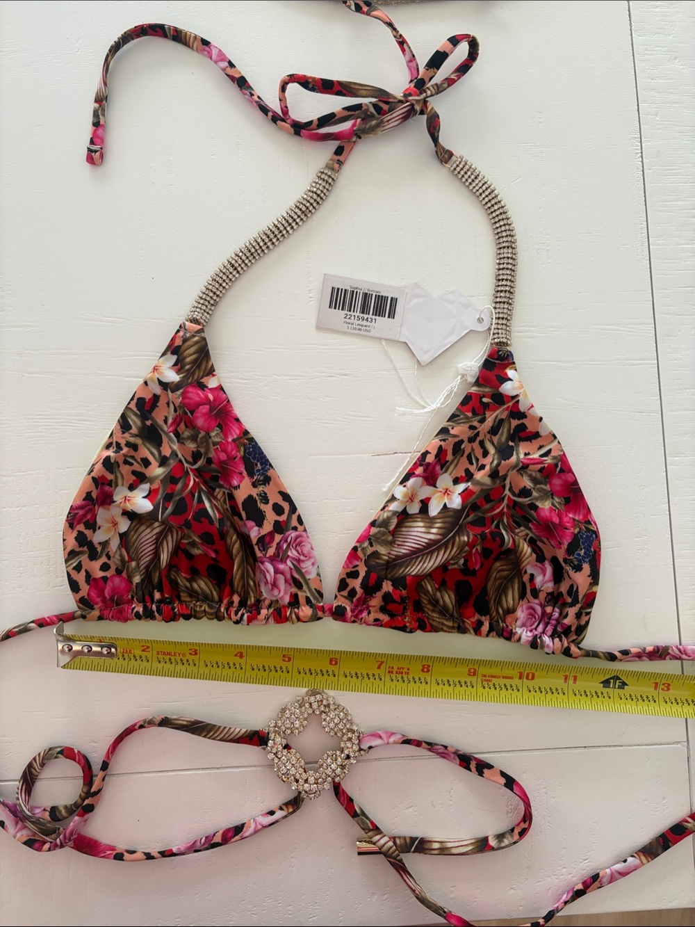 Tropical Pink Floral Triangle Bikini Top with Decorative Ring